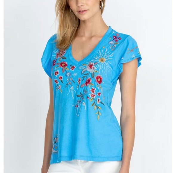 Johnny Was Lissa Bright Blue Flutter Sleeve Floral Embroidered Tee XXS NWT - Picture 2 of 10